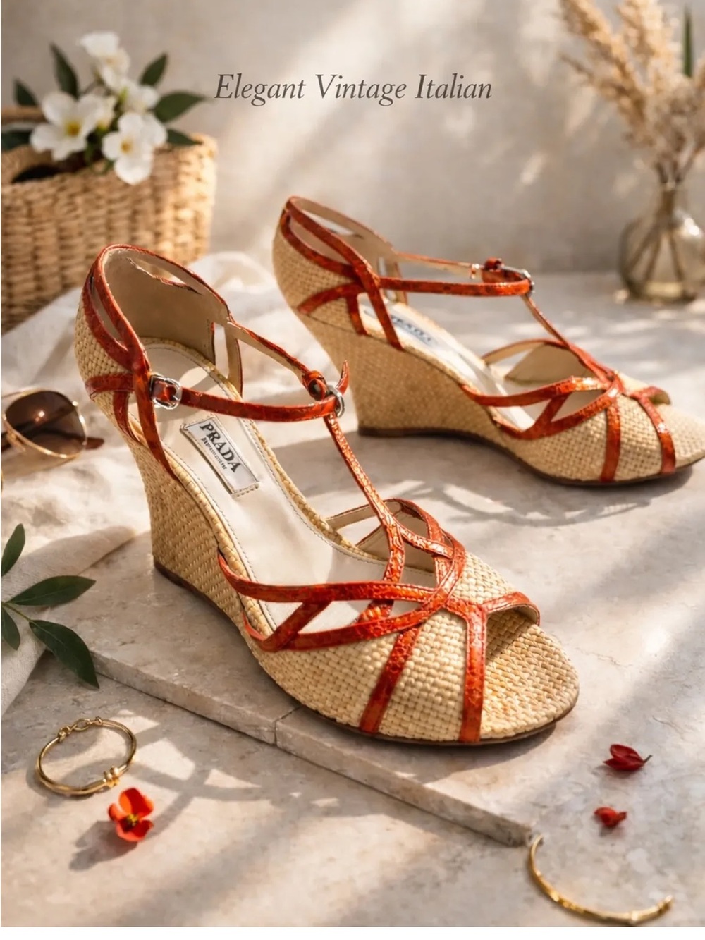 Prada Orange Braided Raffia T-Strap Wedges